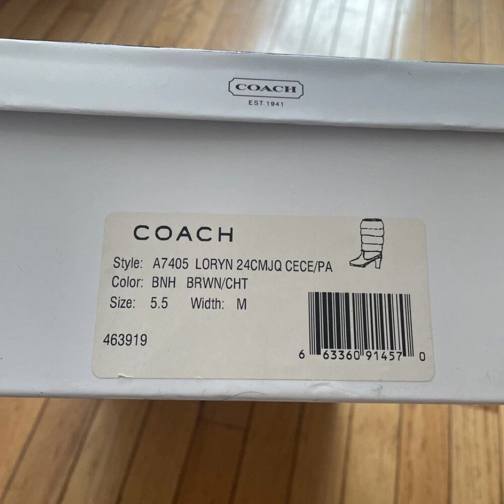 COACH Loryn Rain Boots Quilted High Heel Brown Logo Fabric SZ 5 1/2 - in box - Picture 10 of 14